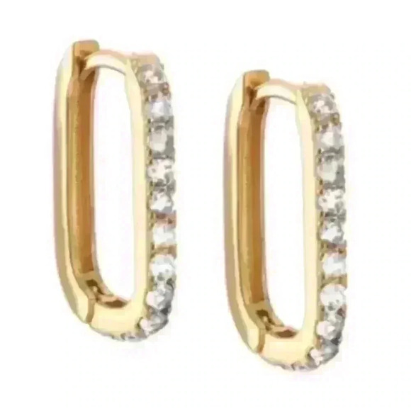 18K Gold Crystal Paved Oval Hoop Earrings - Picture 1 of 5